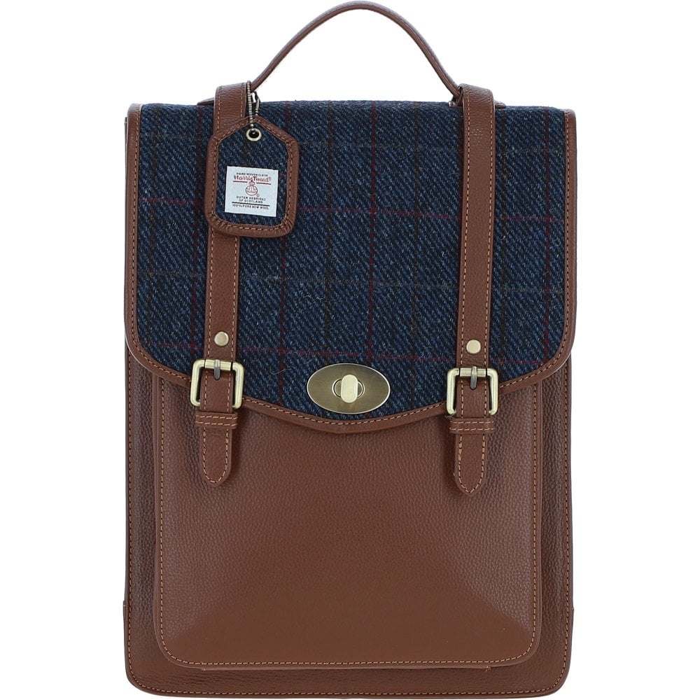 Real Leather Carrick Large Laptop Backpack with Tan Leather & Navy Over-Check Harris Tweed
