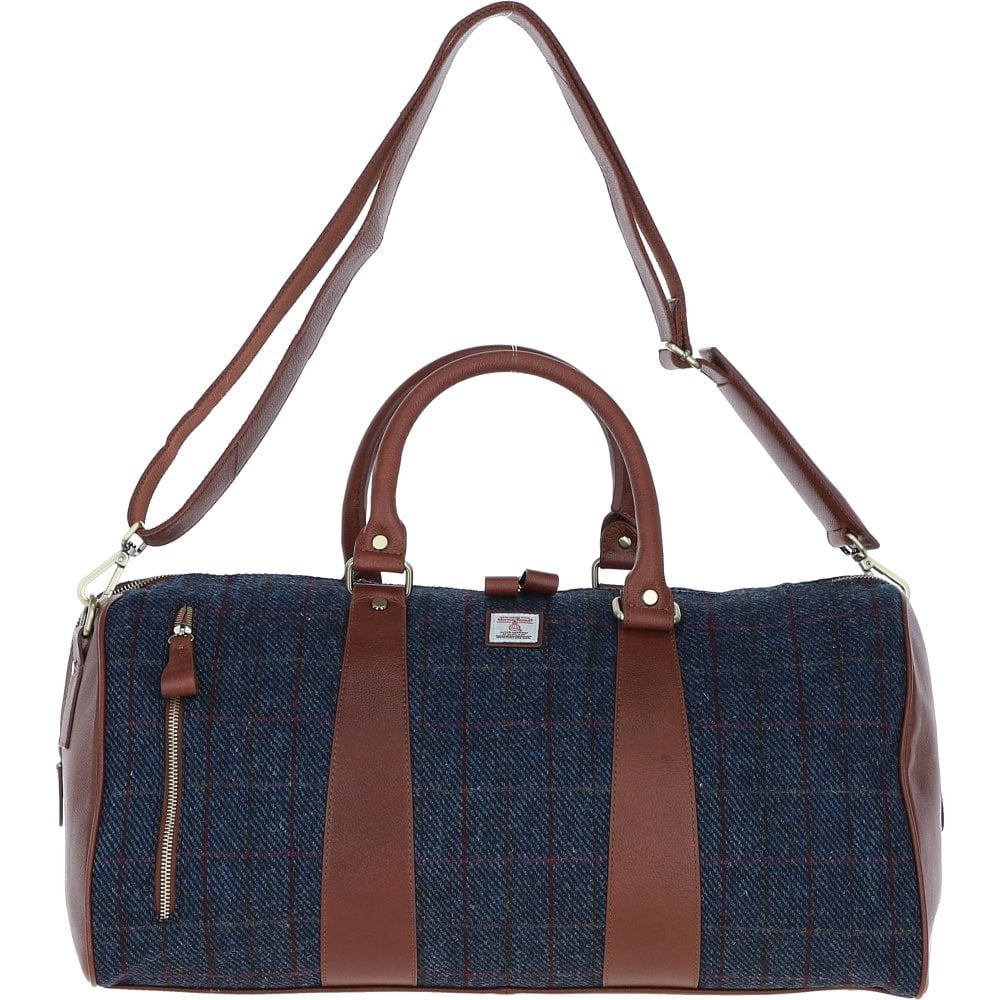 Real Leather Inverness Large Holdall Harris Tweed Tan Leather & Navy