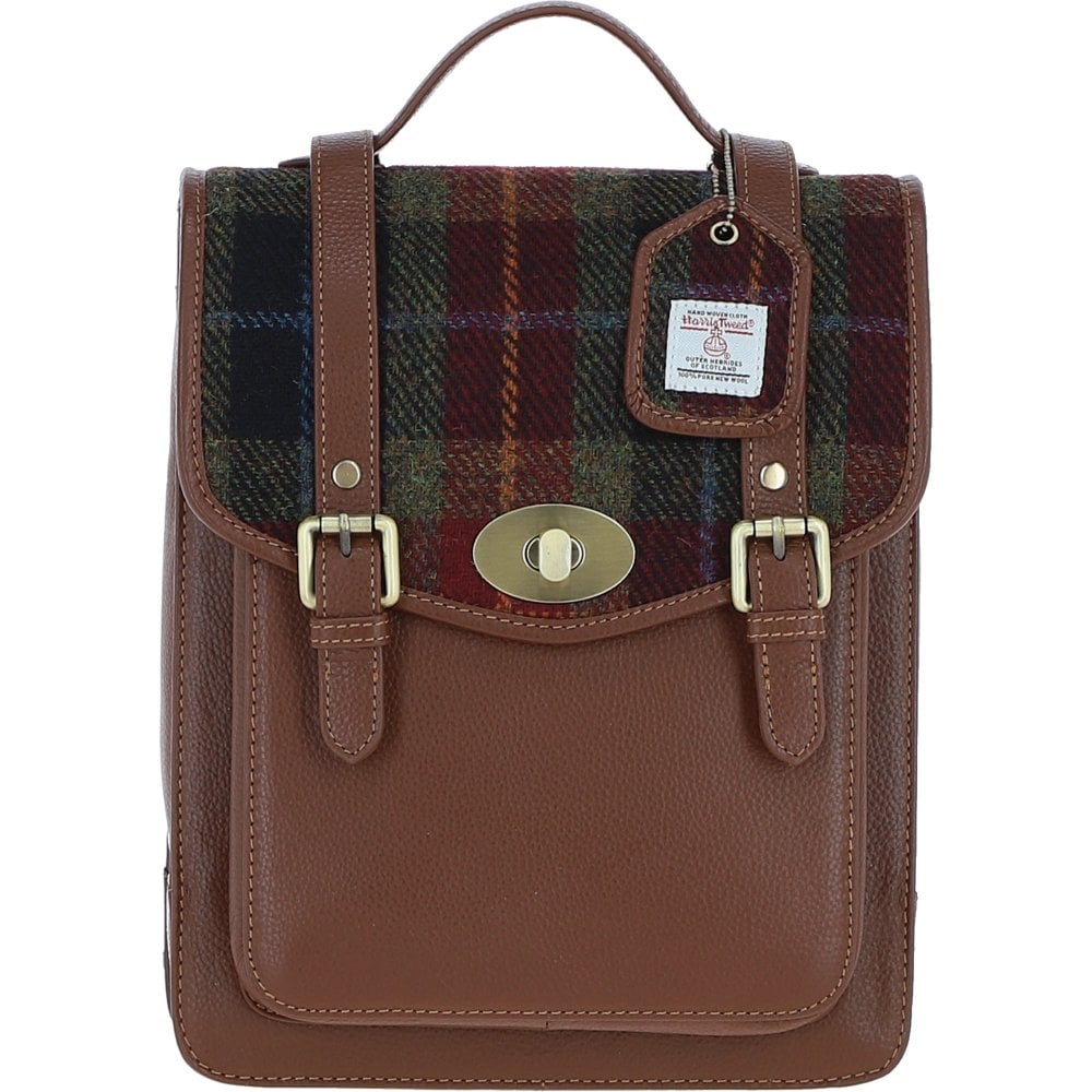 Real Leather Cameron Medium Backpack with Tan Leather & Autumn Check Harris Tweed