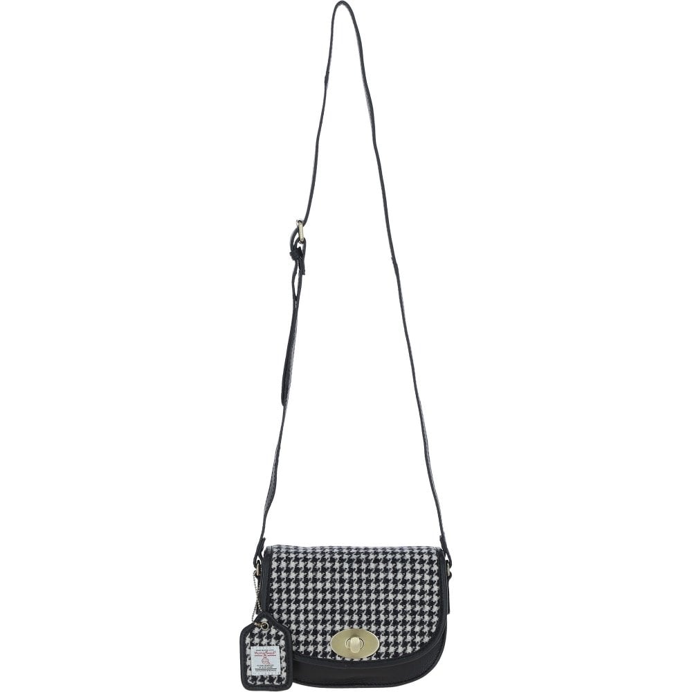 Real Leather with Harris Tweed Gleneagles Saddle Crossbody Bag - Black & White Houndstooth
