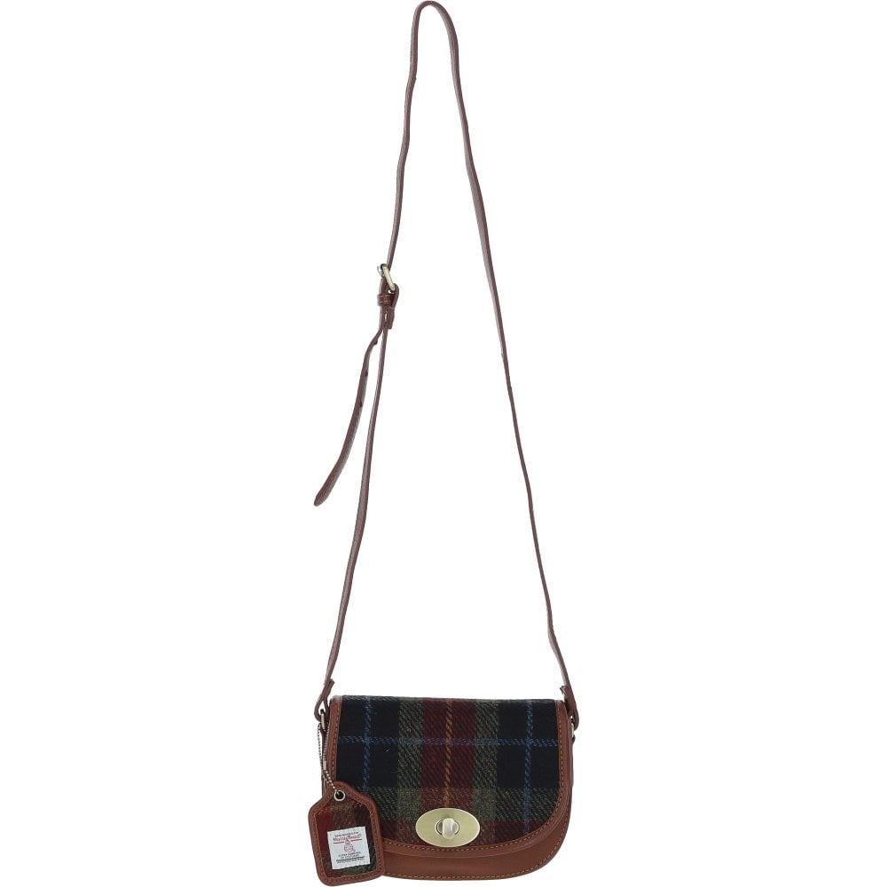 Real Leather with Harris Tweed Gleneagles Saddle Crossbody Bag - Tan Leather & Green Red