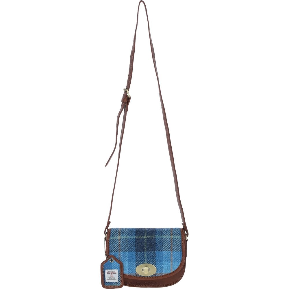 Real Leather with Harris Tweed Gleneagles Saddle Crossbody Bag - Tan Leather & Castle Bay