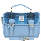 Luss Blue Leather Satchel Bag with Light Blue Tartan Harris Tweed Fabric | Harris Tweed Scotland