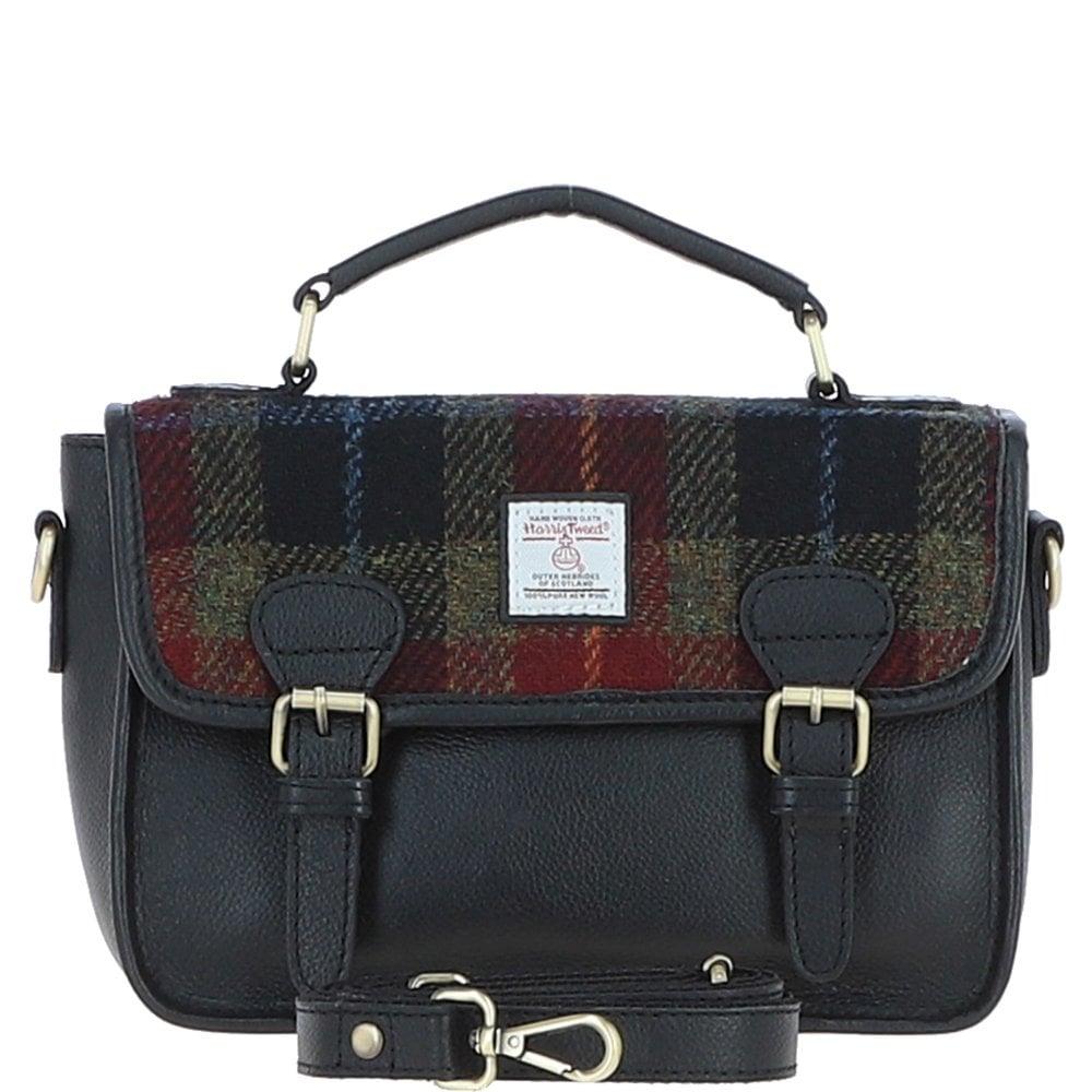 Real Leather Luss Satchel Bag with Black Leather & Autumn Check Harris Tweed