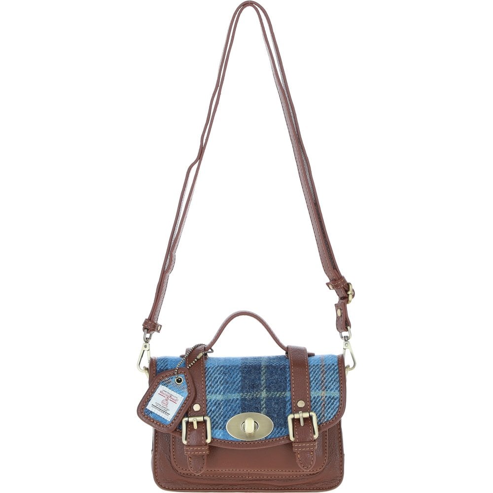 Real Leather Dundonald Small Satchel with Harris Tweed - Tan Leather &amp; Castle Bay