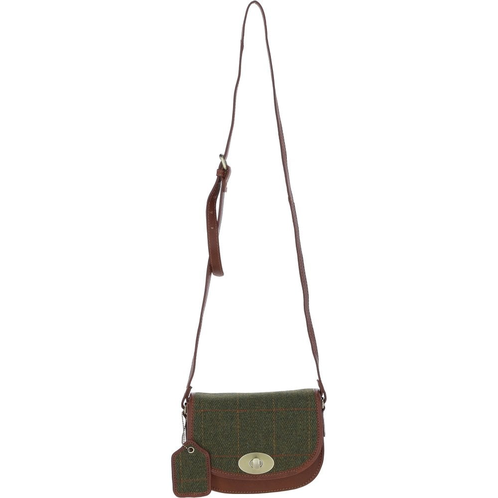 Real Leather with Harris Tweed Gleneagles Saddle Crossbody Bag - Tan Leather & Green Check