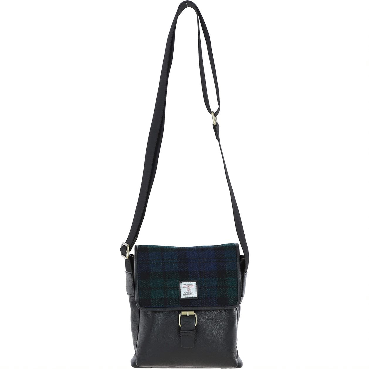 Real Leather Loans Man Bag with Harris Tweed - Black Leather &amp; Black Watch