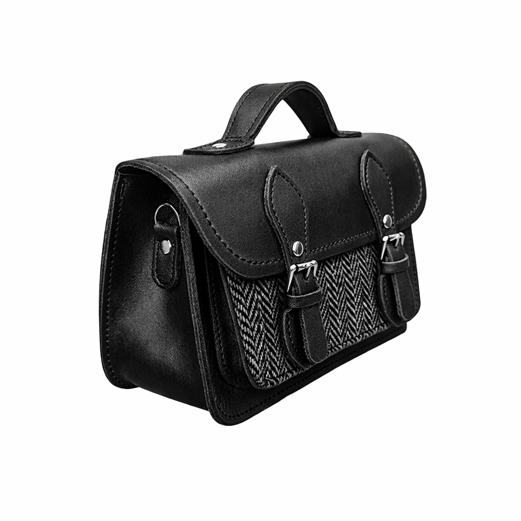 Handmade Leather & Harris Tweed Micro Satchel Plus Crossbody Bag (Black)