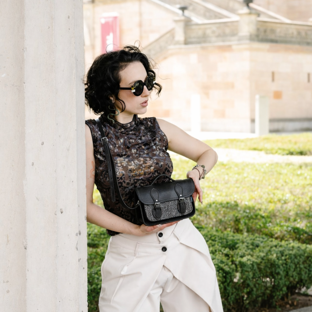Handmade Leather & Harris Tweed Micro Satchel Plus Crossbody Bag (Black)