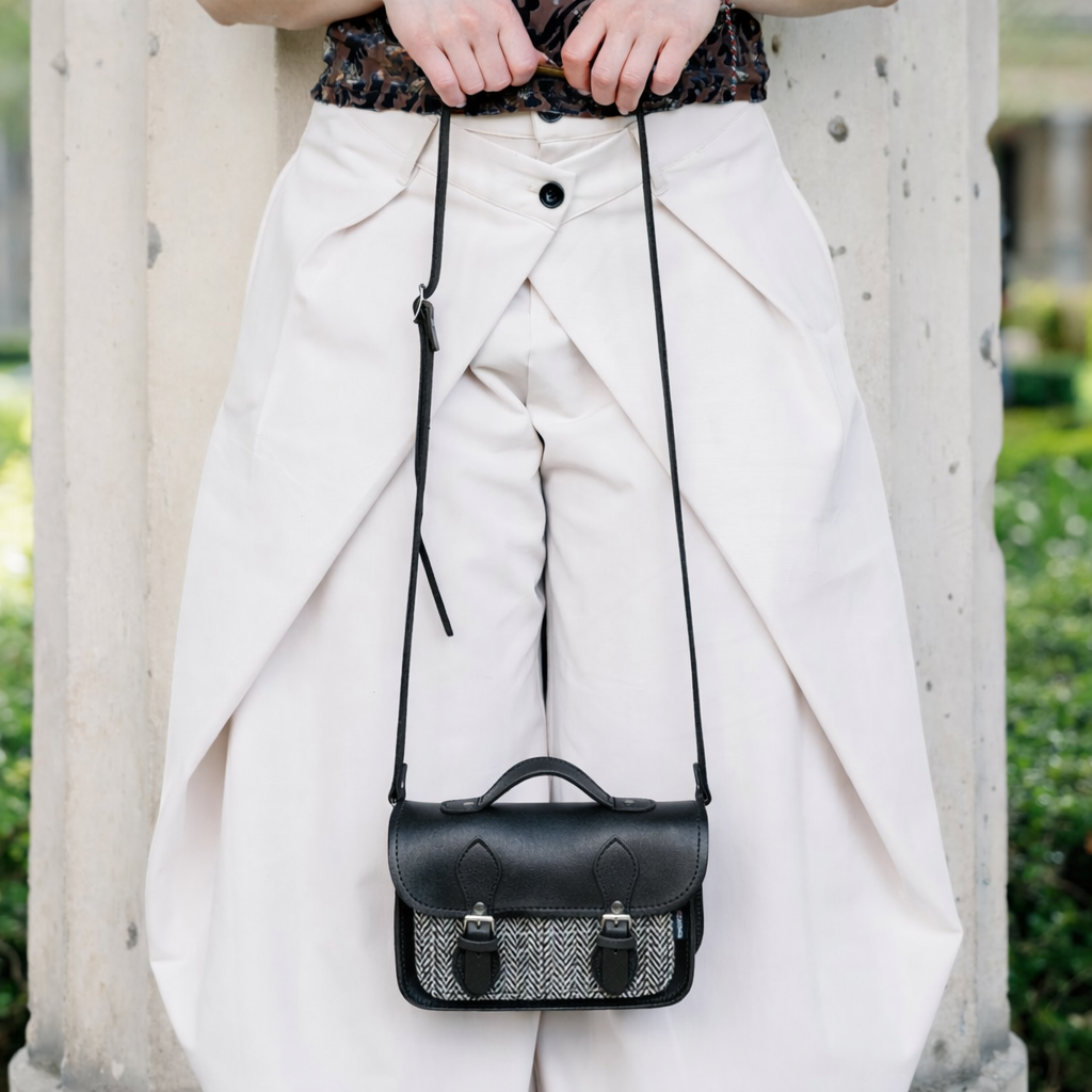 Handmade Leather & Harris Tweed Micro Satchel Plus Crossbody Bag (Black)