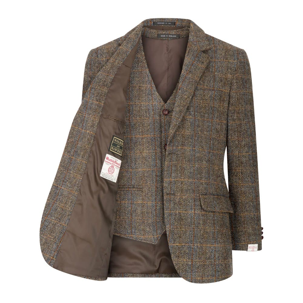 Men's Clinton Brown Blazer Jacket in Harris Tweed Herringbone Overcheck Country