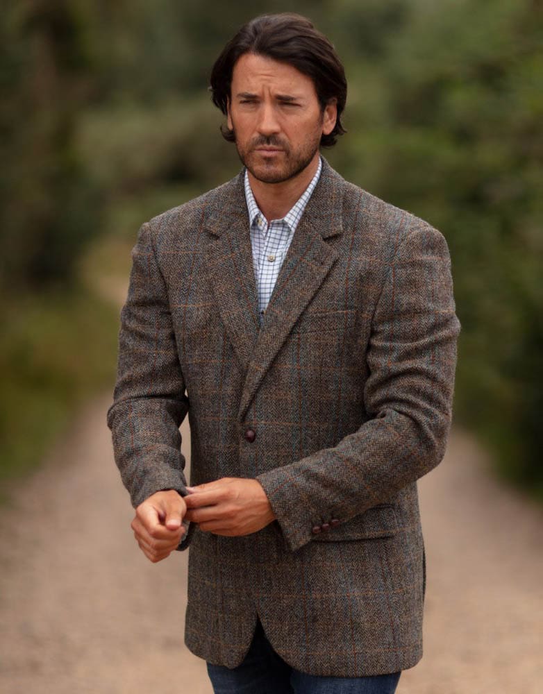 Men's Clinton Brown Blazer Jacket in Harris Tweed Herringbone Overcheck Country