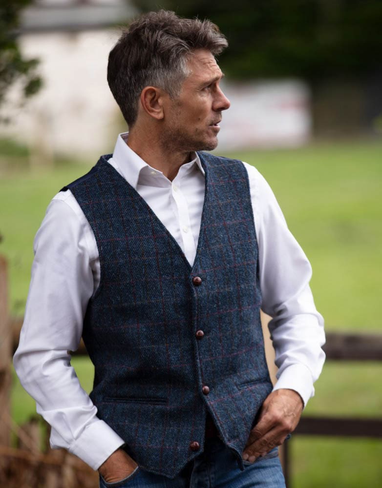 Men's Waistcoat in Royal Blue Harris Tweed Herringbone Overcheck Country Fabric