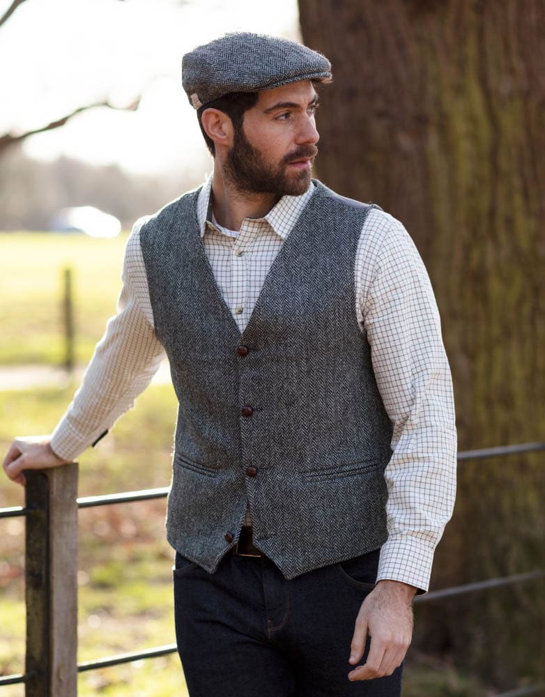 Men's Waistcoat in Steel Grey Harris Tweed Herringbone Country Fabric