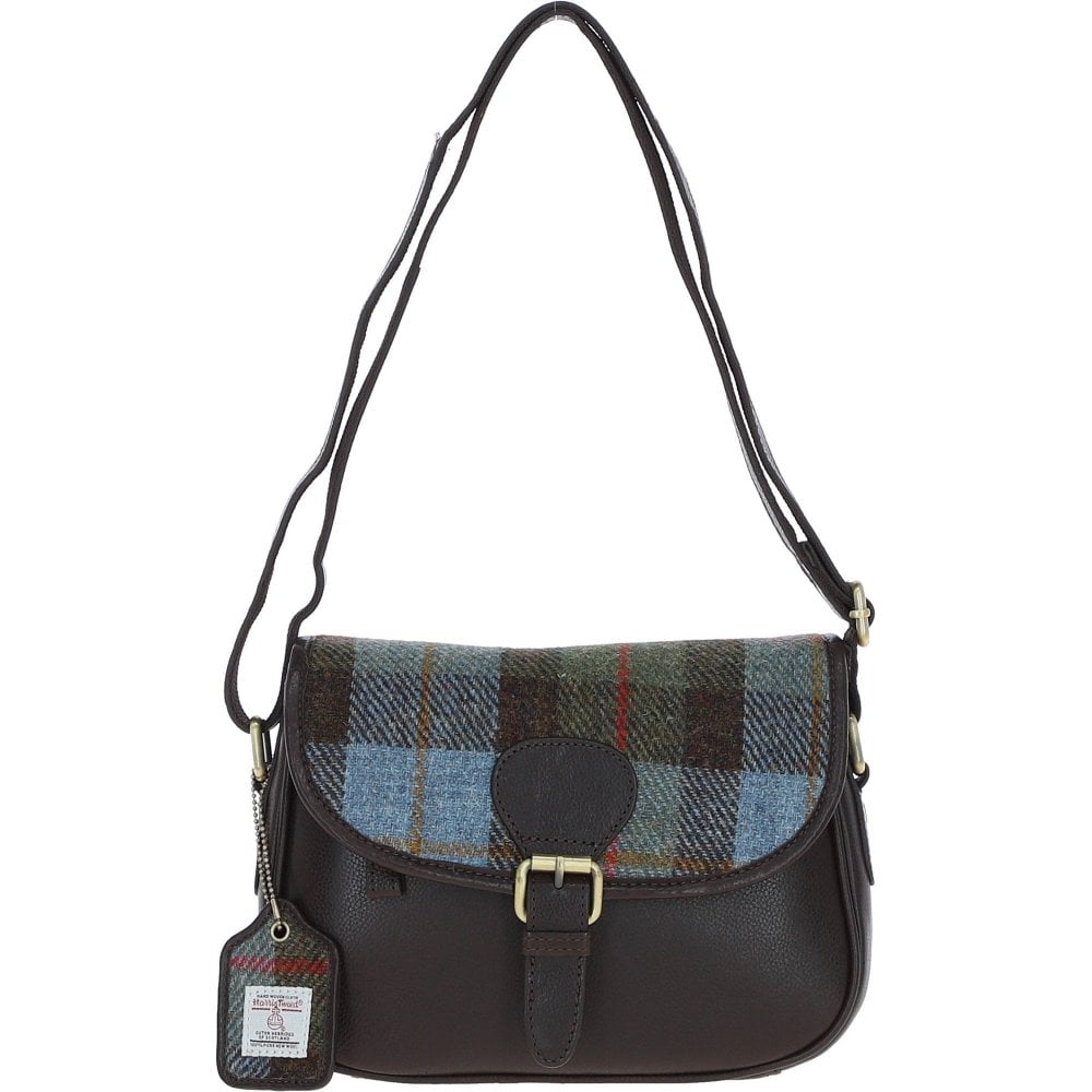 Crossbody Bag in Ashwood Brown Leather and Harris Tweed Scotland - MacLeod Tartan