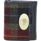 Fairlie Small Black Leather Trifold Purse with Harris Tweed Navy Blue, Burgundy & Green Fabric | Harris Tweed Scotland