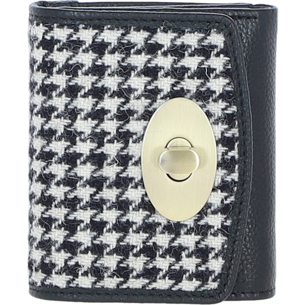 Real Leather Fairlie Small Trifold Purse RFID Protected with Brass Twist Lock and Harris Tweed - Black Leather & Black and White Houndstooth