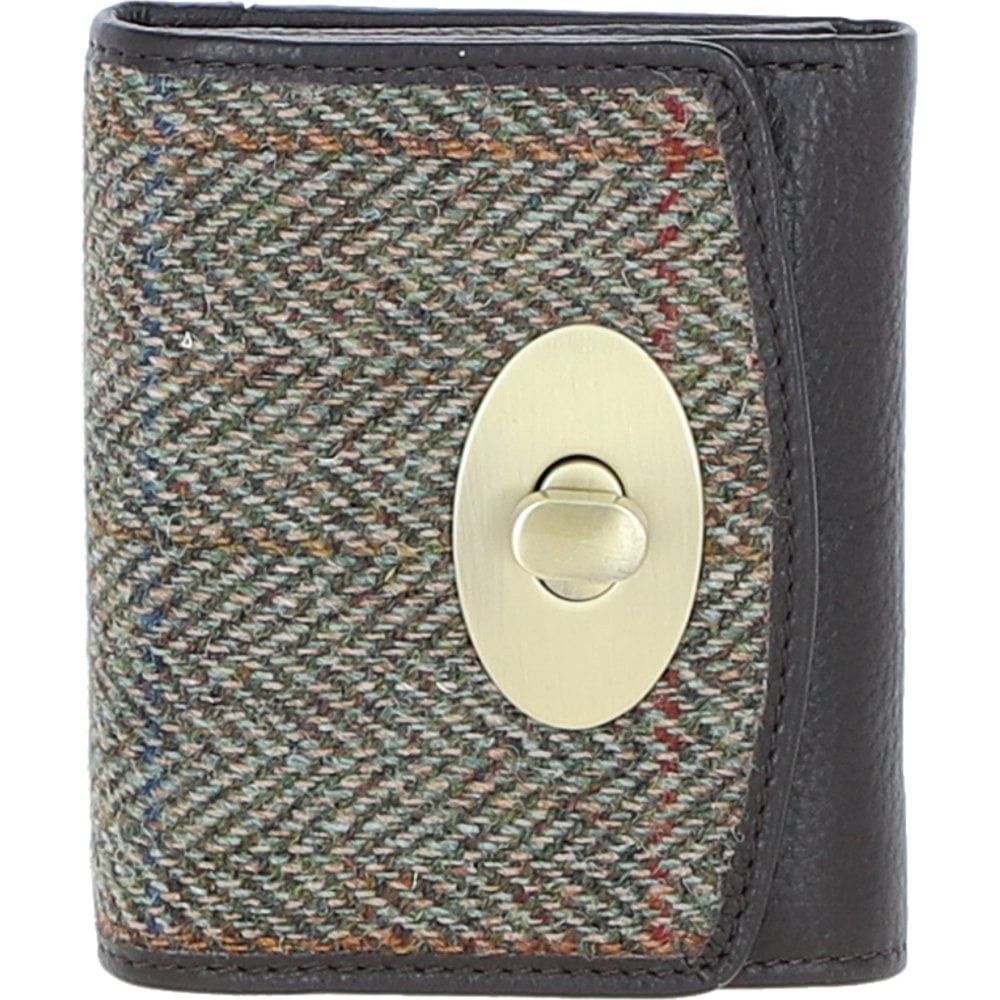 Real Leather Fairlie Small Trifold Purse RFID Protected with Brass Twist Lock and Harris Tweed - Brown Leather & Green