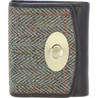 Real Leather Fairlie Small Trifold Purse RFID Protected with Brass Twist Lock and Harris Tweed Brown Leather & Green | Harris Tweed Scotland