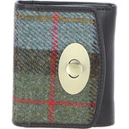Real Leather Fairlie Small Trifold Purse RFID Protected with Brass Twist Lock and Harris Tweed - Brown Leather & MacLeod Tartan | Harris Tweed Scotland