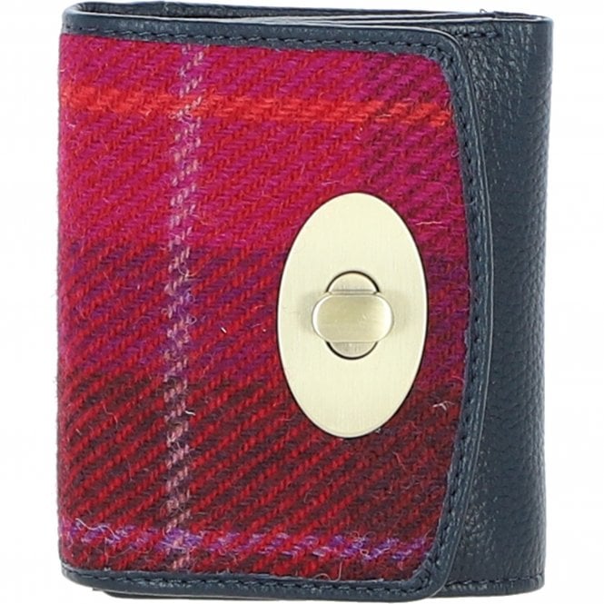 Real Leather Fairlie Small Trifold Purse RFID Protected with Brass Twist Lock and Harris Tweed - Navy Leather & Fuschia