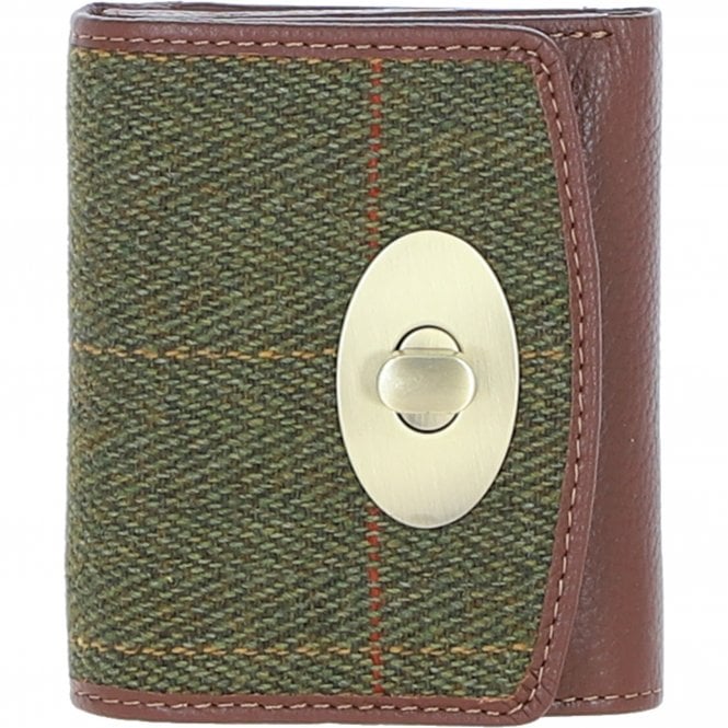 Real Leather Fairlie Small Trifold Purse RFID Protected with Brass Twist Lock and Harris Tweed - Tan Leather & Green Check