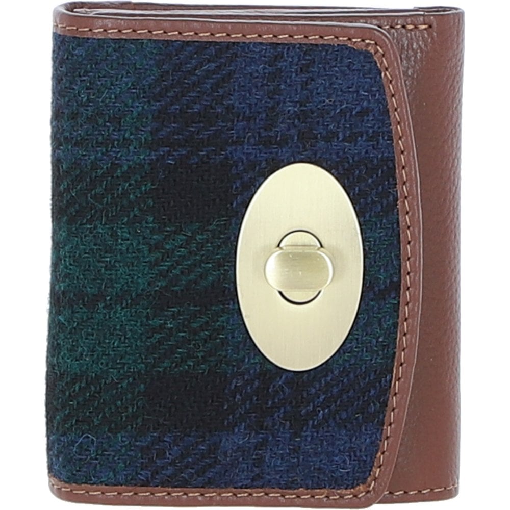 Real Leather Fairlie Small Trifold Purse RFID Protected with Brass Twist Lock and Harris Tweed - Tan Leather & Navy