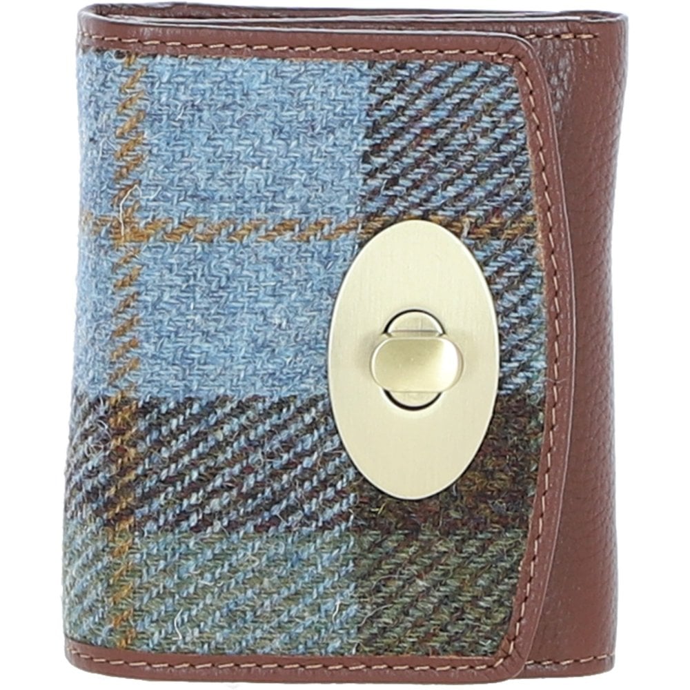 Real Leather Fairlie Small Trifold Purse RFID Protected with Brass Twist Lock and Harris Tweed - Tan Leather & MacLeod