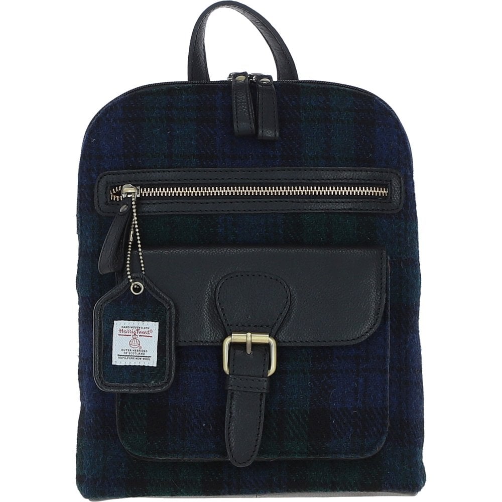 Genuine Leather Ayr Backpack with Harris Tweed Black Leather & Black Watch