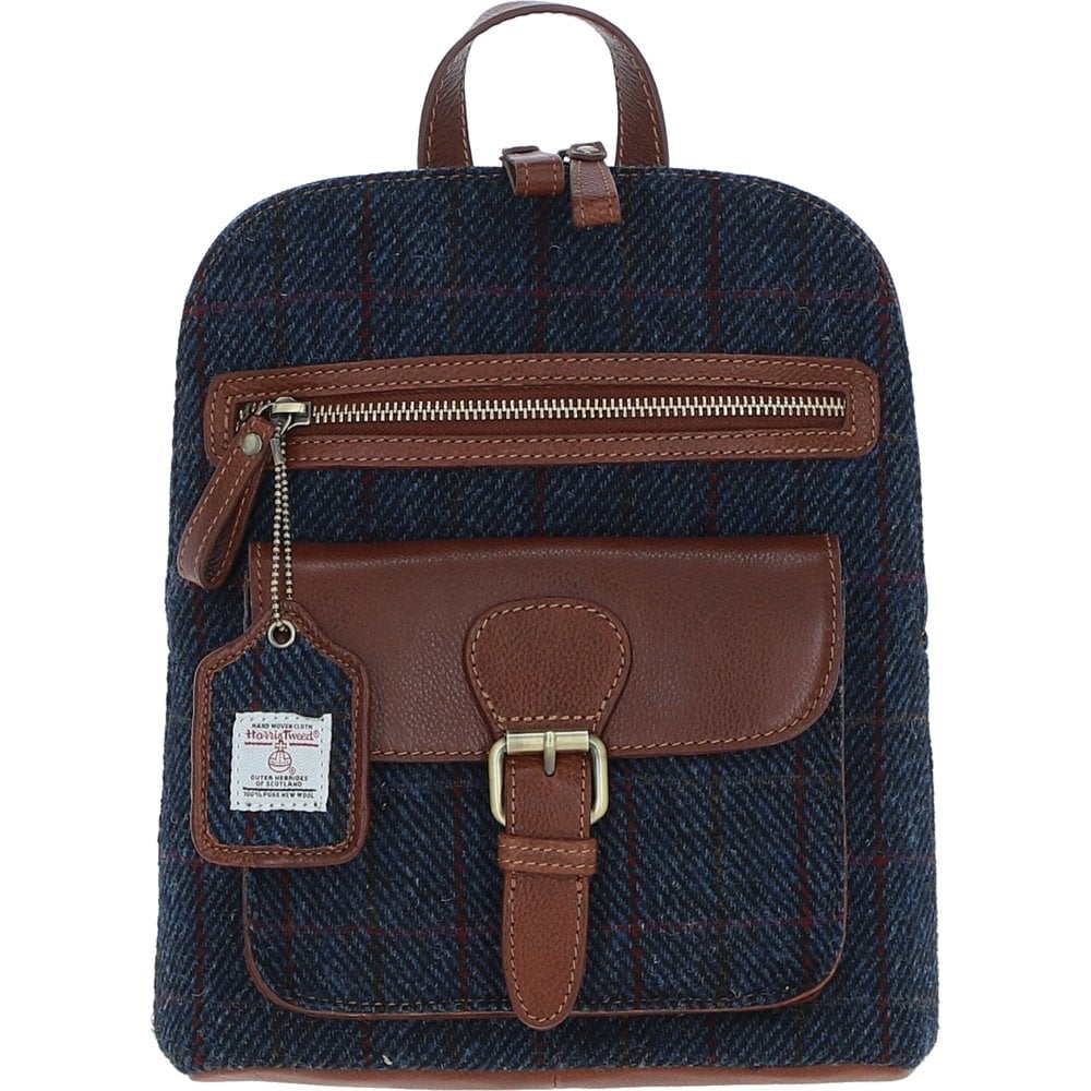 Genuine Leather Ayr Backpack with Harris Tweed - Tan Leather & Navy