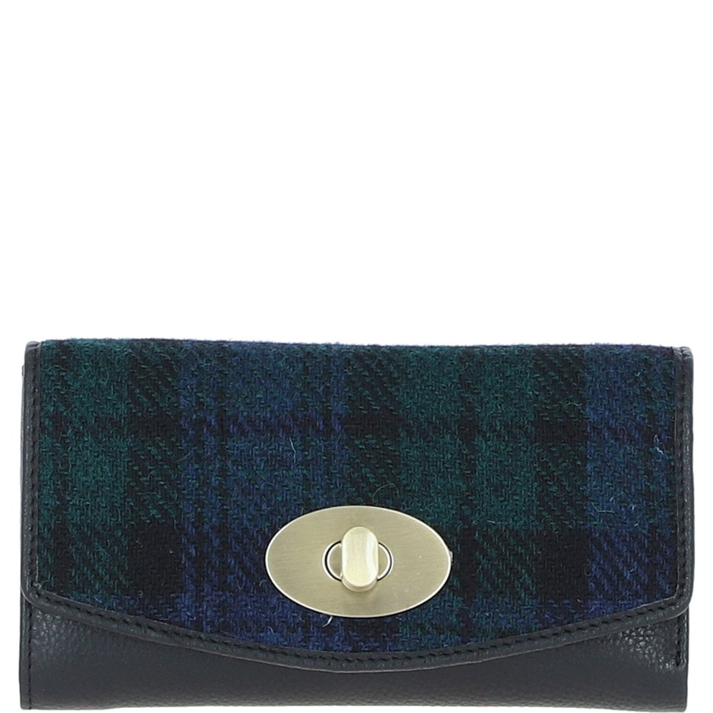 Real Leather Cumbrae Large Purse RFID Protected with Brass Twist Lock with Harris Tweed - Black Leather & Black Watch