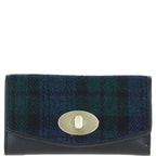 Cumbrae Large Black Leather Purse with Harris Tweed Black & Navy Blue Check Fabric | Harris Tweed Scotland
