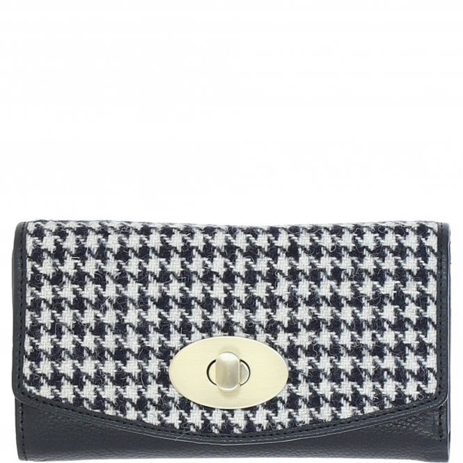 Real Leather Cumbrae Large Purse RFID Protected with Brass Twist Lock with Harris Tweed - Black Leather & Black and White Houndstooth