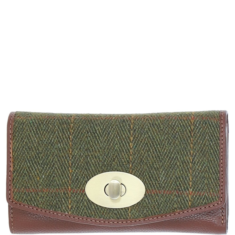 Real Leather Cumbrae Large Purse RFID Protected with Brass Twist Lock with Harris Tweed - Tan Leather & Green Check