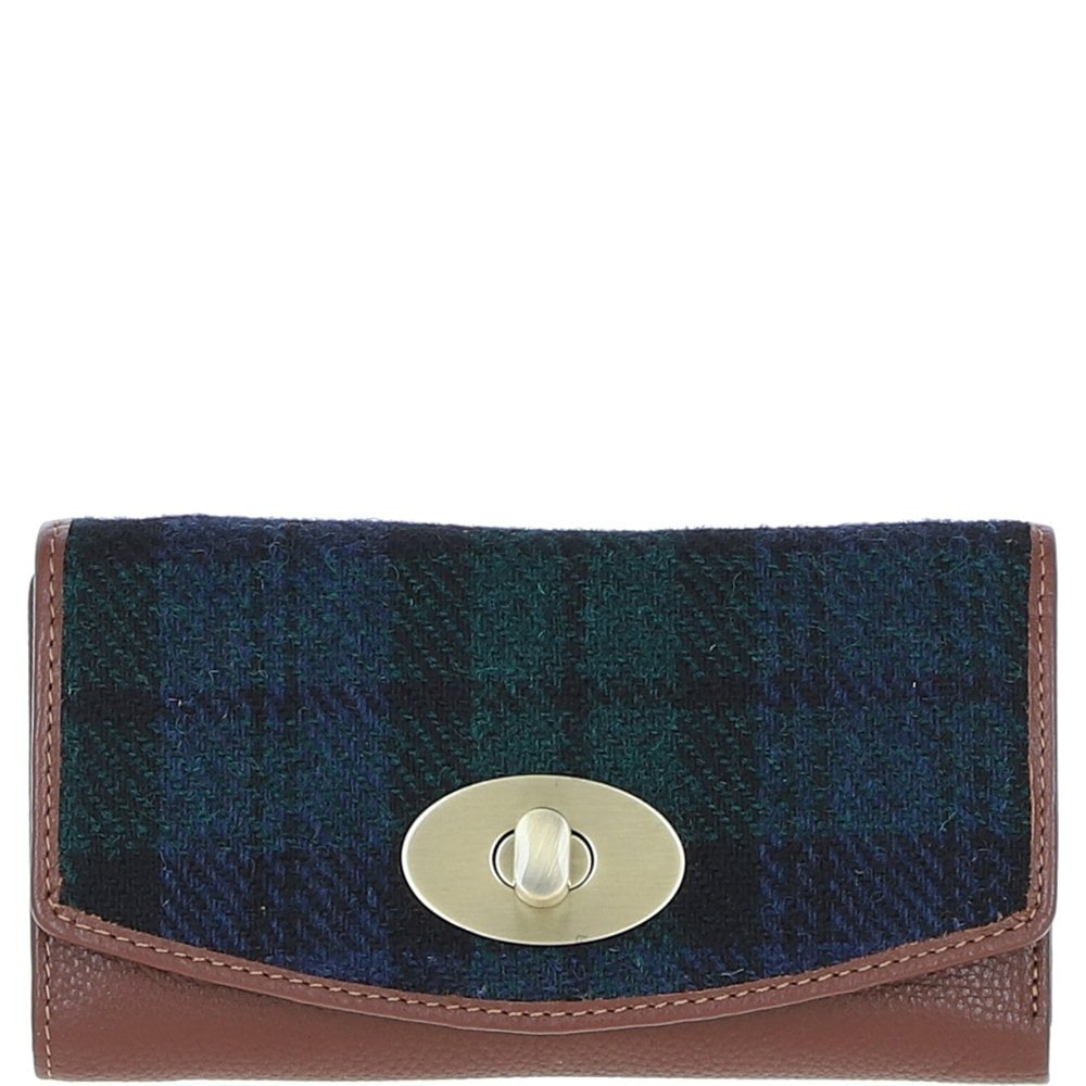 Real Leather Cumbrae Large Purse RFID Protected with Brass Twist Lock with Harris Tweed - Tan Leather & Black Watch