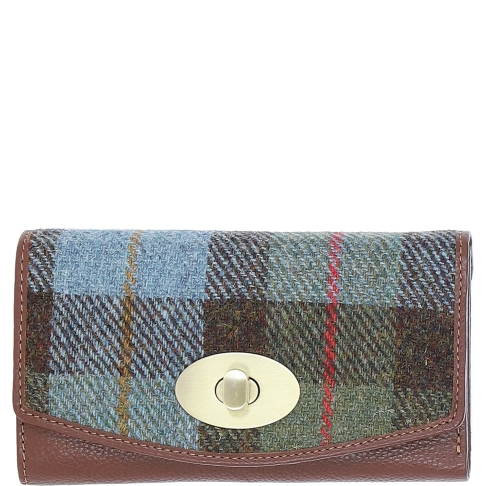 Real Leather Cumbrae Large Purse RFID Protected with Brass Twist Lock with Harris Tweed - Tan Leather & MacLeod