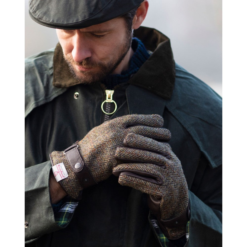 Men's Overcheck Country Leather Gloves with Harris Tweed - Charcoal