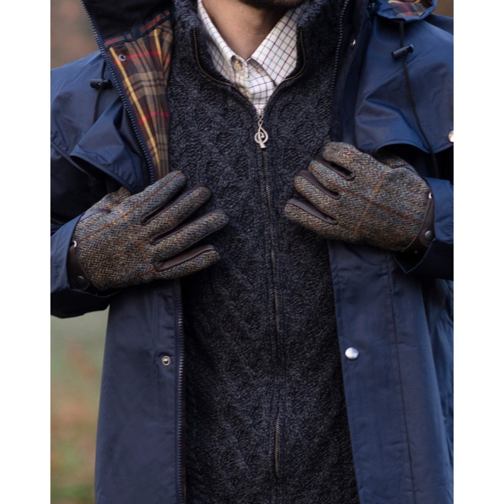 Men's Overcheck Country Leather Gloves with Harris Tweed - Clinton Brown