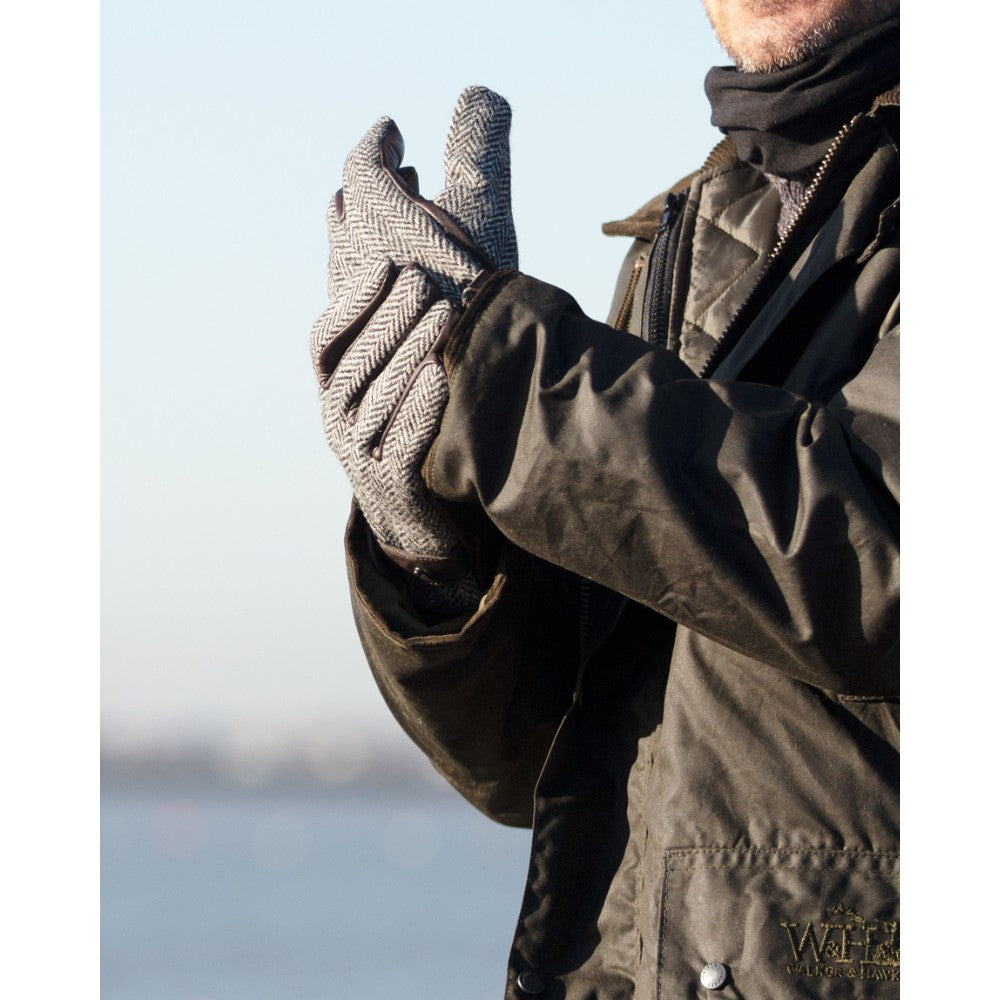 Men's Overcheck Country Leather Gloves with Harris Tweed - Steel Grey