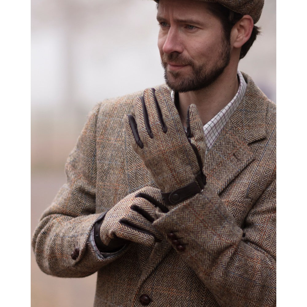 Men's Overcheck Country Leather Gloves with Harris Tweed - White Sand