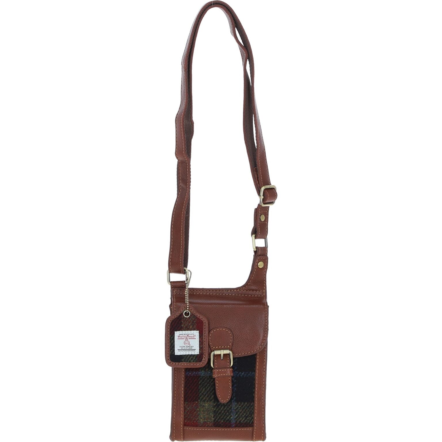 Harris Tweed and Genuine Leather Girvan Baby Crossbody Bag - Tan Leather &amp; Green Red