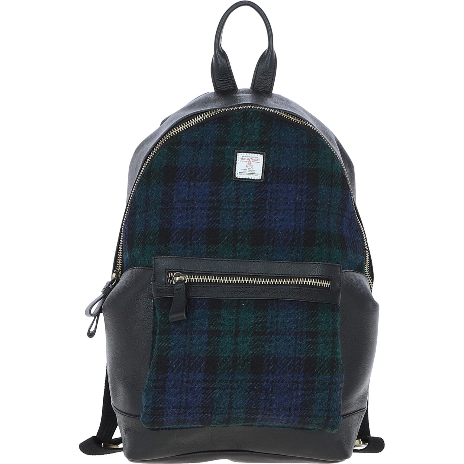 Real Leather Seamill Large Laptop Rucksack with Harris Tweed - Black Leather &amp; Black Watch
