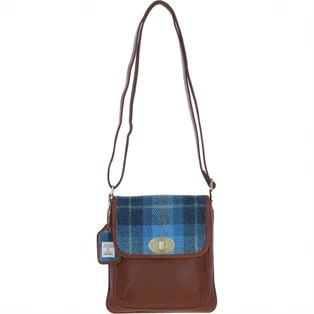 Real Leather Twist Lock Crossbody Bag with Harris Tweed - Tan Leather & Castle Bay