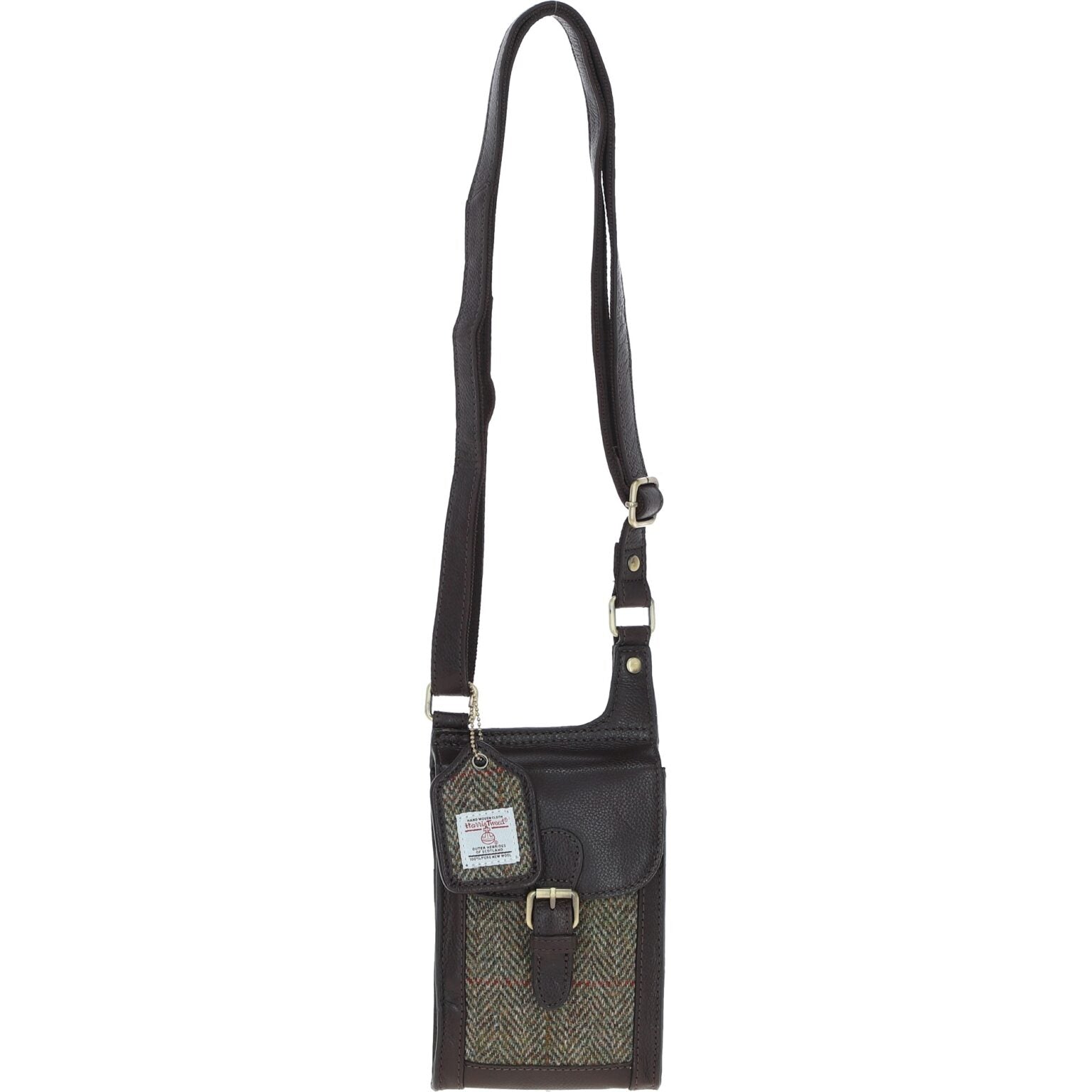 Harris Tweed and Genuine Leather Girvan Baby Crossbody Bag - Brown Leather &amp; Green