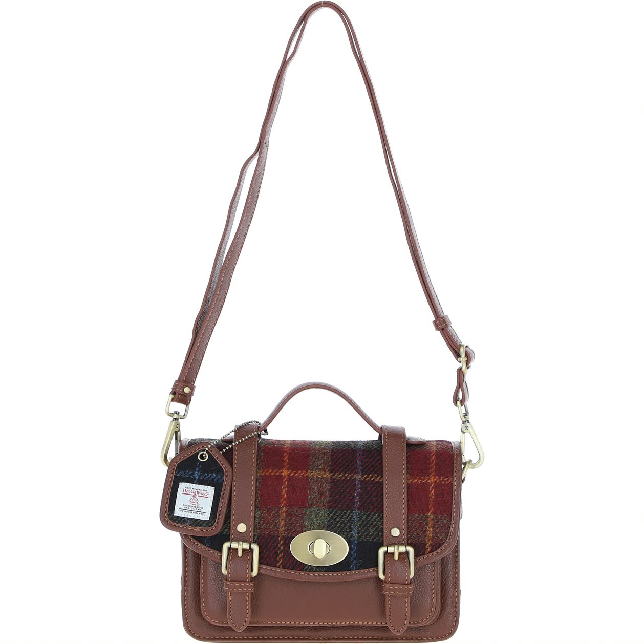 Real Leather Medium “Millport” Satchel with Brass Twist Lock with Harris Tweed - Tan Leather & Green Red