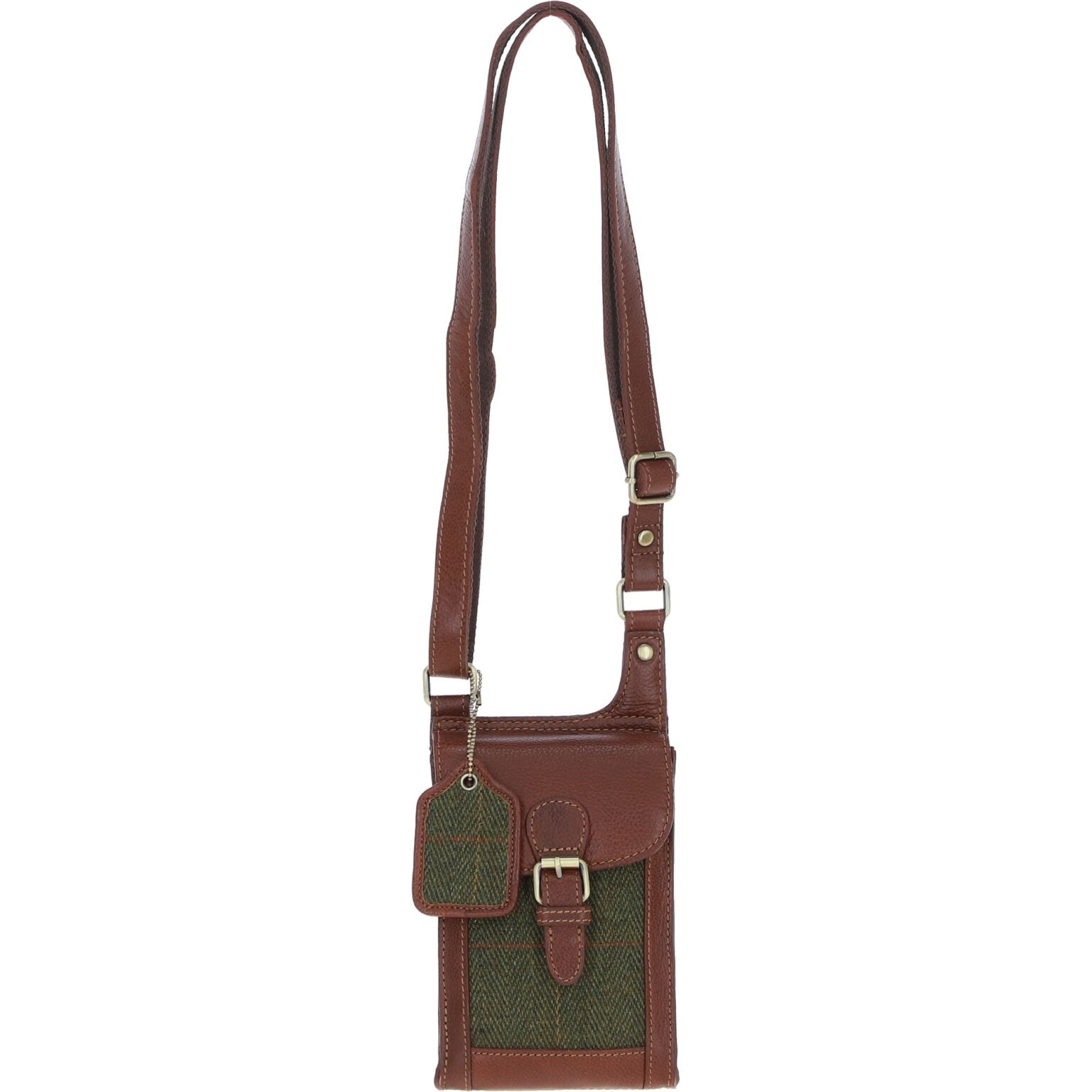 Harris Tweed and Genuine Leather Girvan Baby Crossbody Bag - Tan Leather &amp; Green Check