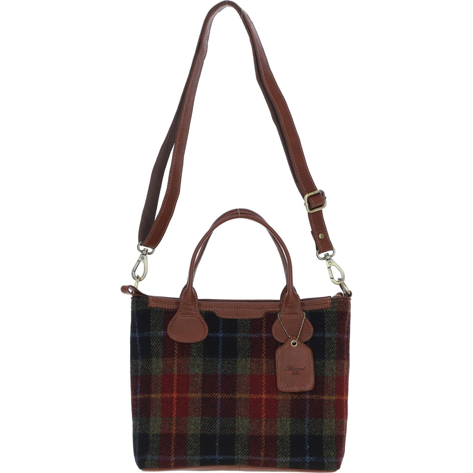 Real Leather Turnberry Shoulder Bag with Harris Tweed - Tan Leather &amp; Green Red