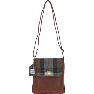 Real Leather Twist Lock Crossbody Bag with Harris Tweed - Tan Leather & MacLeod