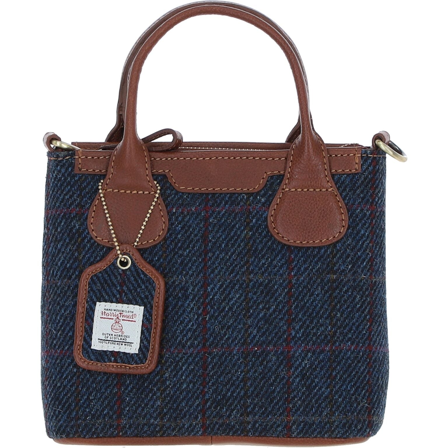 Real Leather with Harris Tweed Troon Mini Handbag with Removable Crossbody Strap - Tan Leather & Navy
