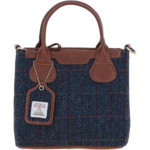 Real Leather with Harris Tweed Troon Mini Handbag with Removable Crossbody Strap - Tan Leather &amp; Navy